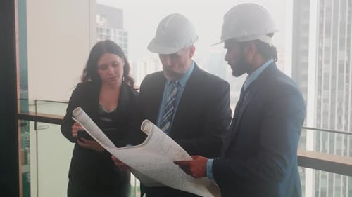 Team of Engineers Reviewing Plans in Modern Office