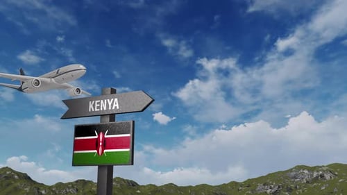 Kenya Flag With Airplane And Arrow Sign