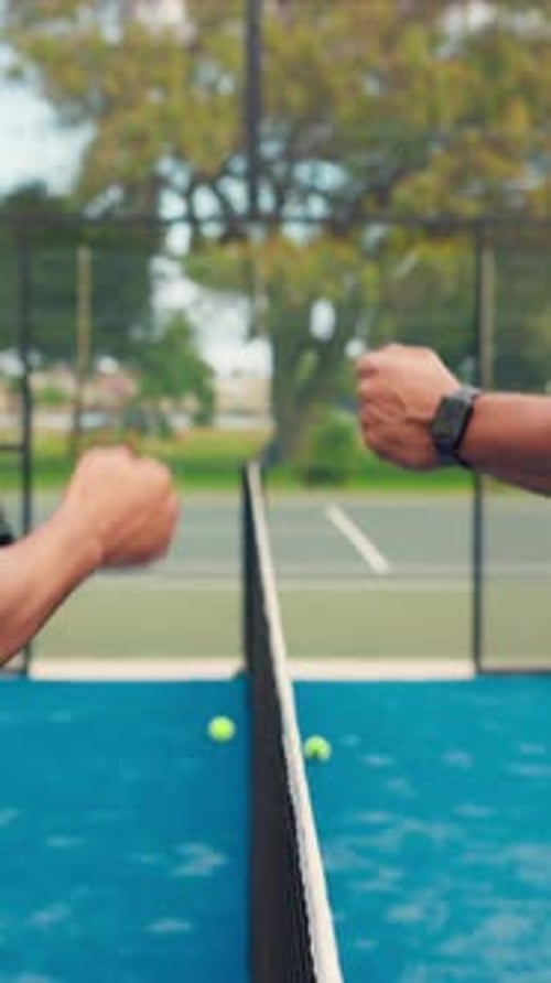 Hands, tennis and men with fist bump on court for game start, sportsmanship or tournament challenge