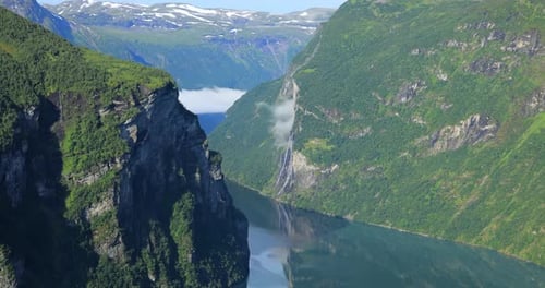 Geiranger fjord observation deck, view on waterfall Seven Sisters. Beautiful Nature Norway