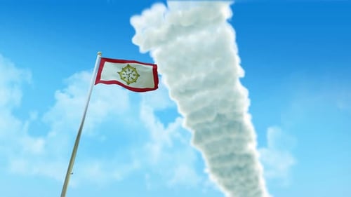 Animation de rendu 3D du drapeau du Sikkim sur un mât avec des avions de chasse, des traînées de fumée dans un ciel bleu — Vue à angle bas