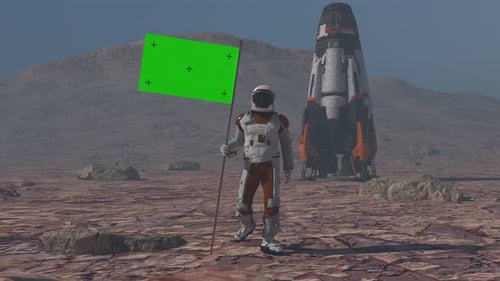 Astronaut Plants Green Screen Flag on Alien Planet Surface