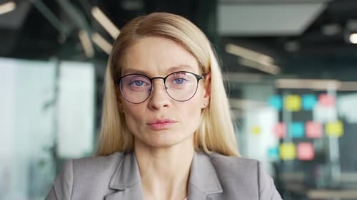 Webcam view. Confident businesswoman talking on a video call looking at camera sitting in office.