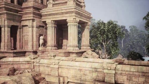 Ancient Temple Ruins With Statue Atop a Building