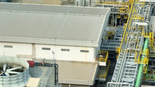 Aerial view of an industrial powerhouse.