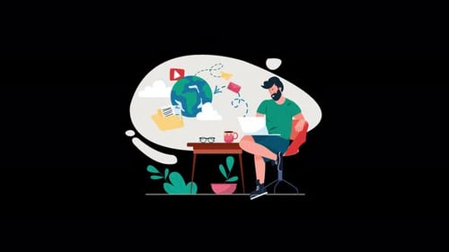 Person working on a laptop with a globe graphic