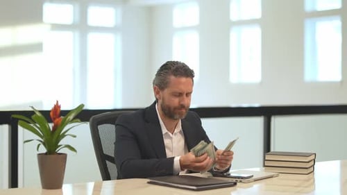 Earn Money Business Man Counting Dollars in Office Businessman in Suit Dollars Businessman Hold