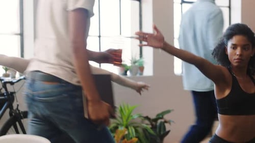 Yoga, fitness and office women, teamwork and stretching, training and doing workout in startup