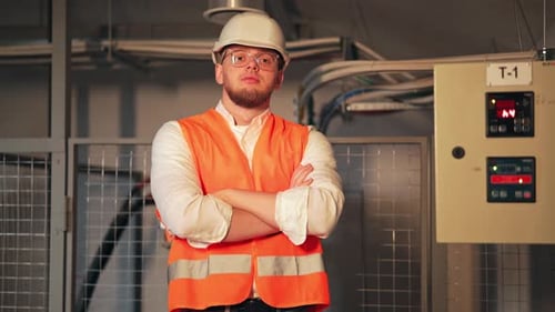 Serious Construction Worker with Arms Crossed in Workplace