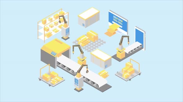 Automated Factory Production Line with Robotic Arms Isometric Animation ...