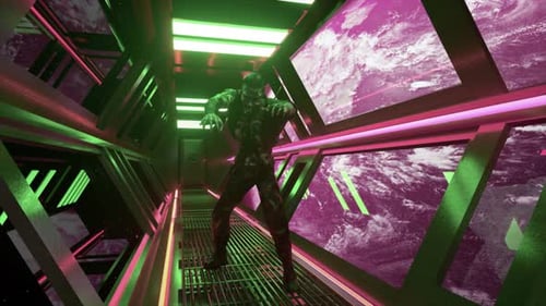 Animated Zombie Character Walks Through Futuristic Sci-Fi Corridor