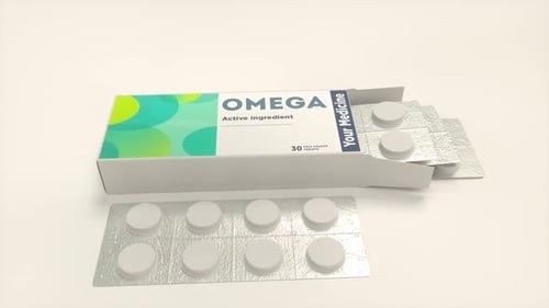 Minimalistische pharmazeutische Verpackung mit Pillen und OMEGA-Etikett in Studio Light