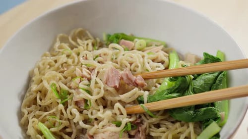 Bakmi wheat based noodles derived from Chinese cooking tradition, close up