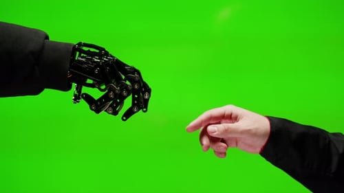 Human and Robot Handshake Artificial Intelligence AI Design Creation Hands Man with Mechanical Arm