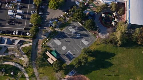 Aerial view of basketball court and playground, USA.