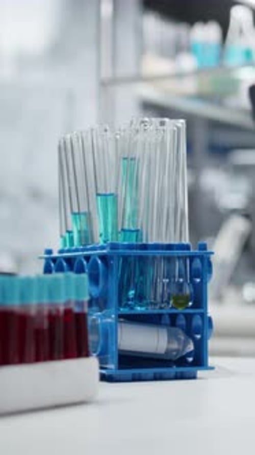 Vertical Video Close Up of Test Tube Racks on Workbench in Sterile Empty Hospital Laboratory