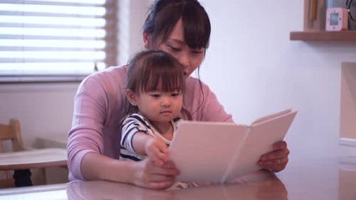 Mother Reading Book to Young Child Indoors