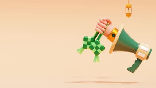 Eid Mubarak - Islamic Decoration Background with Megaphone and Hand Holding Ketupat. 3D Animation