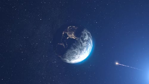 Meteor flying toward planet earth, outer space view