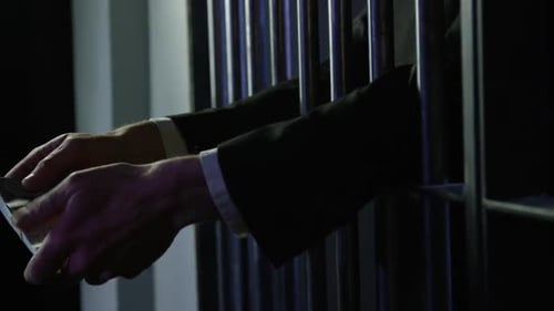 White collar crime - man holding cash through the bars of his prison cell - financial crime HD