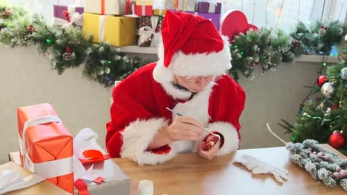 Woman in Santa costume decorates, adding final touches with gifts and ornaments around.