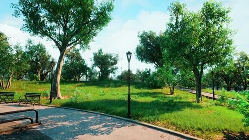 Üppiger grüner Park mit Bäumen und Bänken an einem sonnigen Frühlingstag