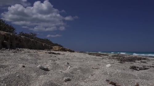 A sand so refined with fragments of broken shells. The sea under a glowing bluish sky with clouds