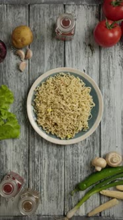 Overhead Noodles Dish with Fresh Ingredients and Chopsticks