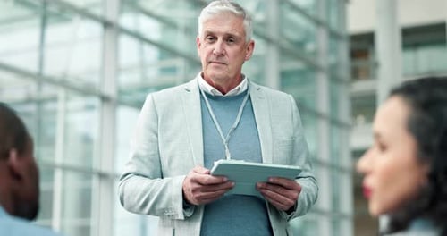 Speaker, tablet and presentation with old man in workshop for conference