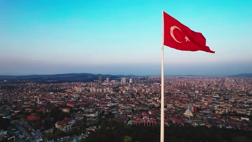 Istanbul Cityscape with Turkish Flag Aerial View