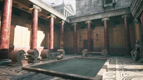 Ancient Roman Courtyard with Pool and Ornate Architecture During Daylight