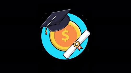 Animated Graduation Cap, Diploma, and Coin Icon in Flat Design