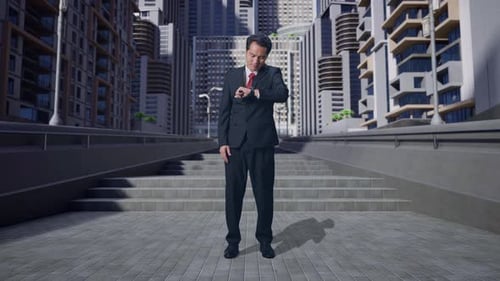Full Body Of Asian Business Man Checking Watch In City
