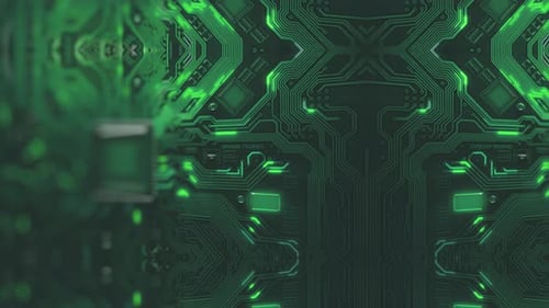 Futuristic Green Circuit Board with Glowing Data Flow