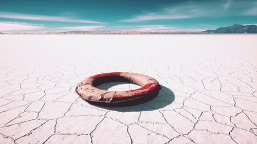 Old Lifebuoy on Cracked Earth in Vast Salt Flat