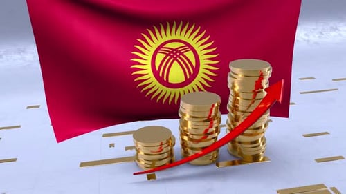Kyrgyzstan Flag With Gold Coins Tower And Up Arrow