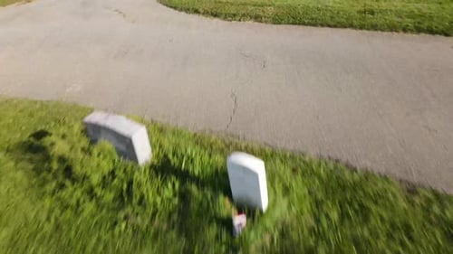 FPV Drone Over Hull Village Cemetery Towards Spinnaker Island In Hingham Bay Of Boston Harbor, Massa