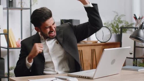 Business Man Winner Working Browsing Typing on Laptop at Office Celebrate Big Lottery Win Good News