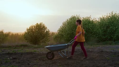 Mädchen arbeitet draußen mit Schubkarre bei Sonnenuntergang