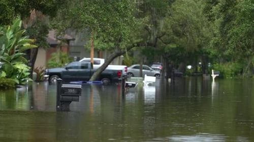 Hurricane Debby Flooded Street in Florida Residential Area Aftermath of Natural Disaster Caused By