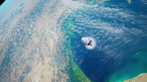 Rakete startet in die Umlaufbahn um die Erde und steuert auf einen anderen Planeten zu