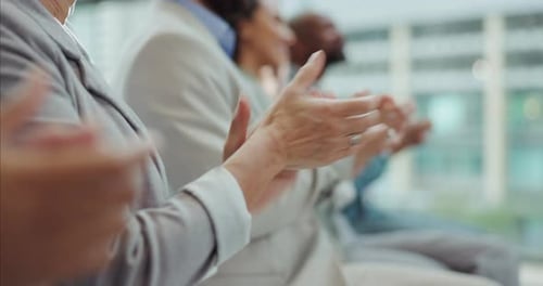 Hands, applause and group of business people with success in meeting or celebration of achievement