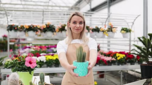 Woman Smiling, Holding Cactus Plant in Greenhouse