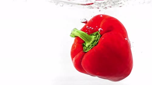 Fresh and Ripe Bell Pepper is Washed in Water Filmed in Macro Against White Background