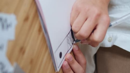 Artist Hands Create Sketch Vertical Close Up Designer Fingers Holding Pen Draw