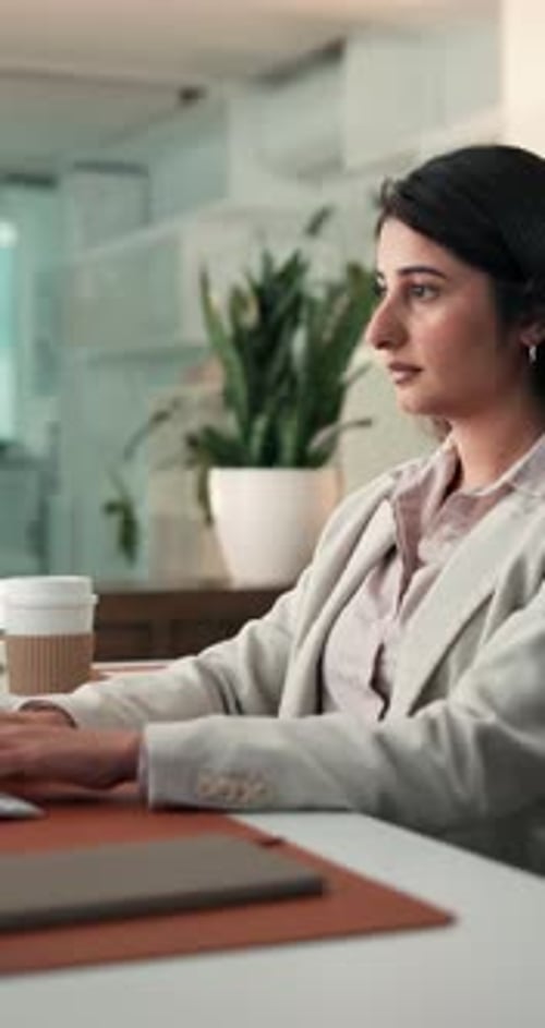 Business, woman and typing with computer in office for finance report, administration and research