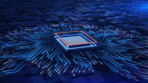 Futuristic CPU Circuit Board with Glowing Data Connections