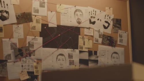 Investigation Board with Red Thread on Wall in Detective Office