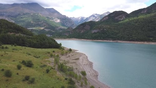 Lake Embalse de Bubal at Valle de Tena in Huesca, Aragon, Spanish Pyrenees, Spain - Aerial Drone Vie