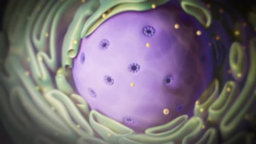 Vibrant purple cell with green membrane and floating particles